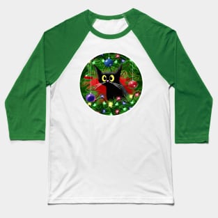 Cat and Christmas Tree Baseball T-Shirt